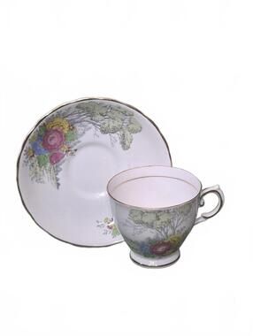 Vintage 1940s Tuscan Floral & Landscape Fine Bone China Teacup & Saucer Set